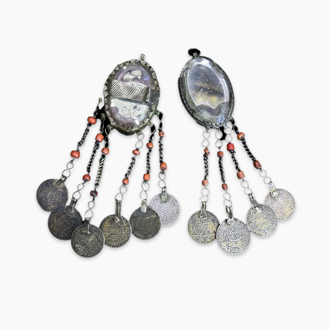 Rare and old Silver framed mirror pendant with dangles and coral come from Middle Atlas in North Morocco