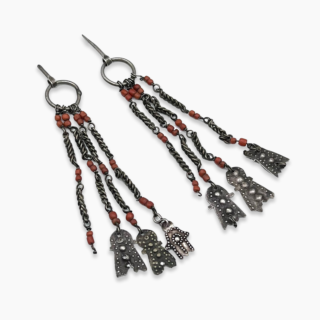 Old Northern Moroccan Silver and Coral Temporal Fibulas